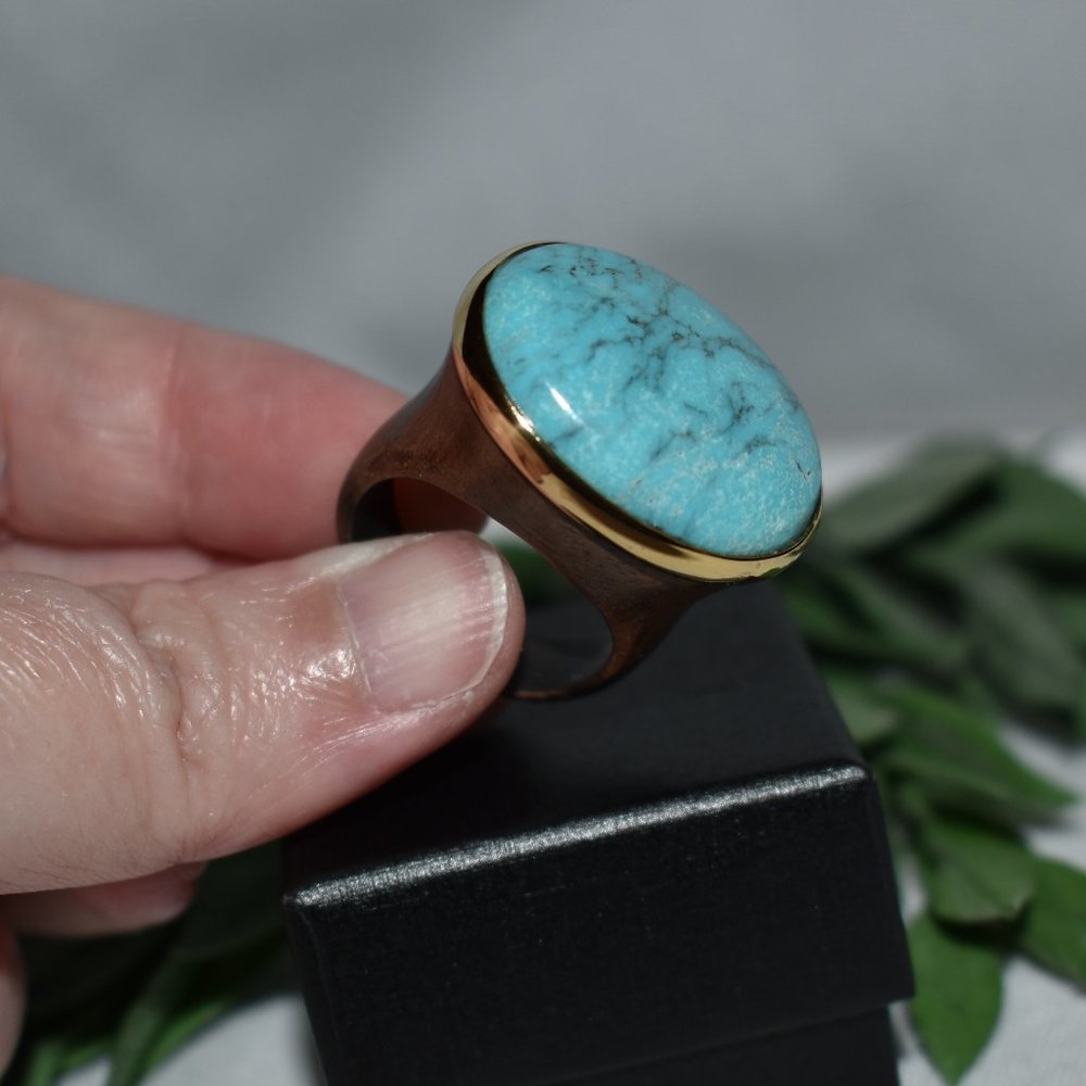 Rarities by Carol Brodie Turquoise, Philippine Wood, Vermeil Ring, Size 10